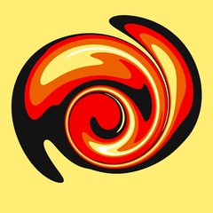 abstract symbol on yellow background, make circle shape like stirred fluid color. Use yellow, red, orange and black color.