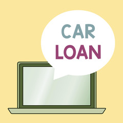 Conceptual hand writing showing Car Loan. Concept meaning taking money from bank with big interest to buy new vehicle Round Shape Speech Bubble Floating Over Laptop Backdrop
