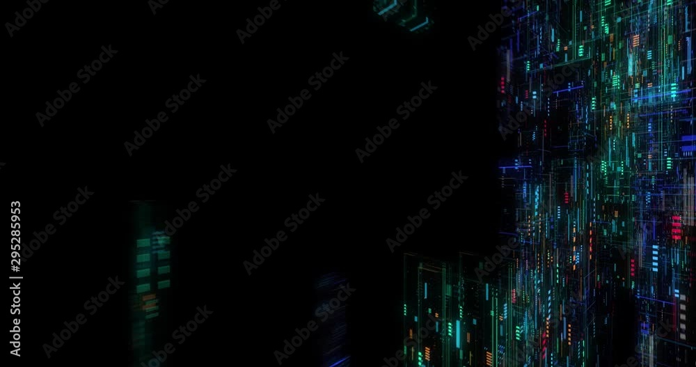 Poster seamless fly through of abstract circuitry with digital grid background, data deep learning computer