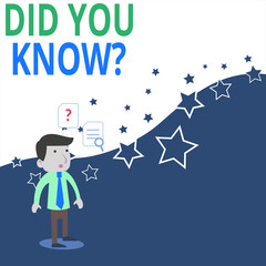 Conceptual hand writing showing Did You Know Question. Concept meaning when you are asking someone if they know fact or event Young Male Businessman Worker Searching Problem Solution