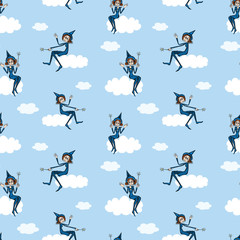Seamless pattern of small witches with magic wands sitting on clouds in blue sky