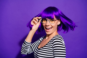 Close up photo of cute youngster touching specs shouting looking isolated over purple violet background