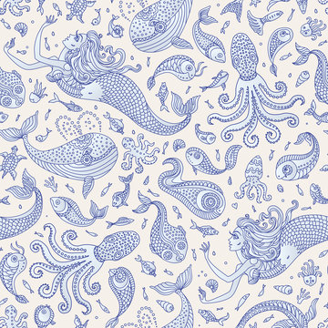 Vector seamless nautical fairy tale pattern. Fantasy mermaid, octopus, fish, sea animals blue silhouette with ornaments on a beige background. Batik, wallpaper, textile print, wrapping paper