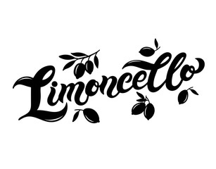 Limoncello. The name of Italian lemon liquor. Hand drawn lettering. Vector illustration. Best for souvenir products.