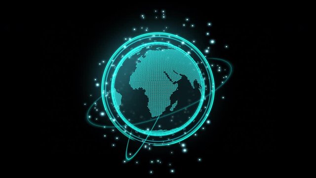 3D style Dot earth map rotation with searching symbol, with neon light and bokeh and haro ring move around the world ,concept for sci-fi technology ,Use transparent effect for layer , Uhd footage