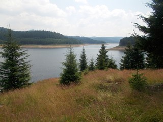 Fototapeta premium Mountain landscape with lake, trees and clouds