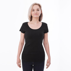 Fototapeta premium Shirt design woman in blank black t-shirt front isolated. Clean empty mock up template for design.
