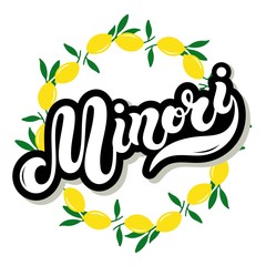 Minori. The name of Italian town on the Amalfi coast. Hand drawn lettering. Vector illustration. Best for souvenir products.