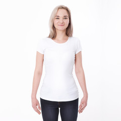 Shirt design woman in blank black t-shirt front isolated. Clean empty mock up template for design.