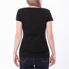 Shirt design woman in blank black t-shirt front isolated. Clean empty mock up template for design.