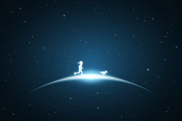 Little girl with dog in space. Vector conceptual illustration with white silhouettes of running child with pet. Bue abstract background with stars and glowing outline