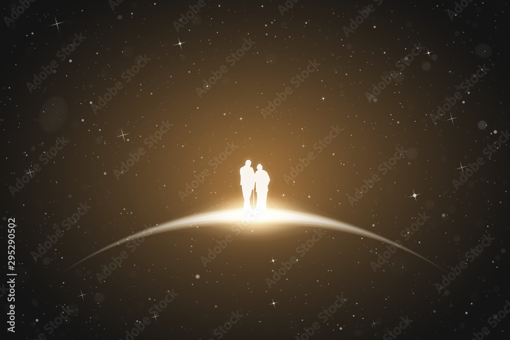 Sticker old lovers in space. vector conceptual illustration with white silhouette of elderly couple. yellow 