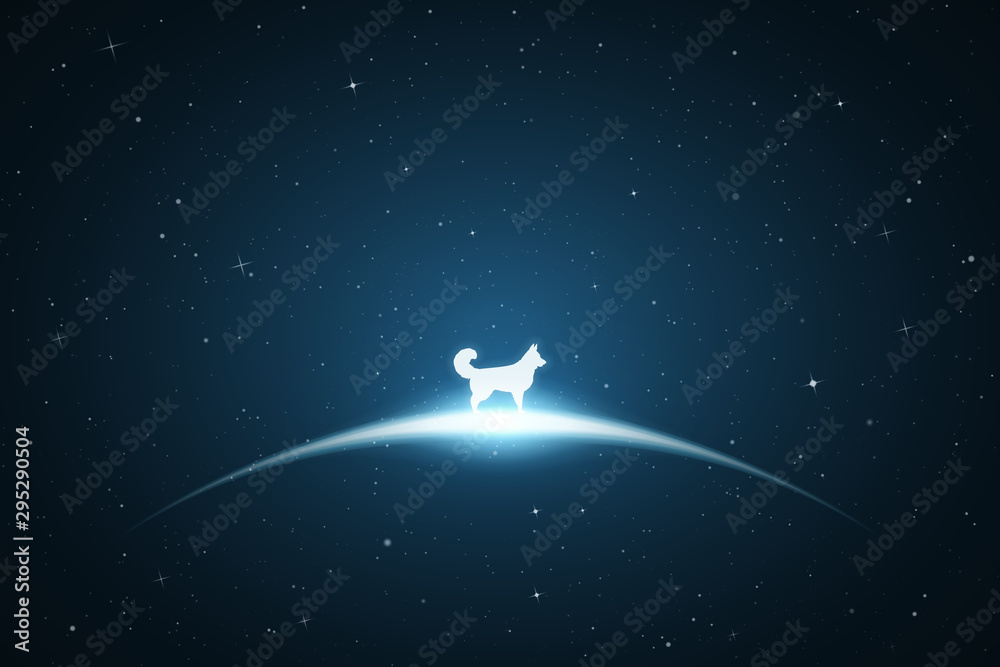 Poster lonely dog in space. vector conceptual illustration with white silhouette of animal. bue abstract ba
