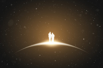 Obraz na płótnie Canvas Old lovers in space. Vector conceptual illustration with white silhouette of elderly couple. Yellow abstract background with stars and glowing outline.
