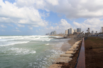 Skyline of city Tel Aviv with urban skyscrapers, beach and mediterranean sea, Israel