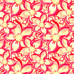 Seamless pattern light yellow with bright pink flowers with edging.