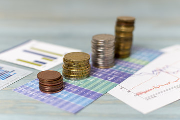 Currency change and piles of coins