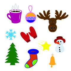 Winter symbols: tea, deer, snowman, snowflake, bell, large sock for gifts and hand hands.
