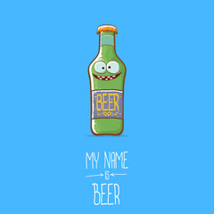 vector cartoon funky beer bottle character isolated on blue background.vector beer comic label or poster design template. my name is beer or happy friday concept illustration
