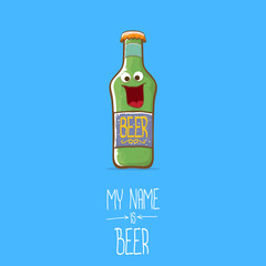 Fototapeta na wymiar vector cartoon funky beer bottle character isolated on blue background.vector beer comic label or poster design template. my name is beer or happy friday concept illustration