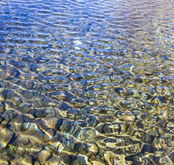 The surface of clear water in a pond