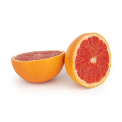 Fototapeta na wymiar Fresh orange grapefruit / pomelo half cut into two equal parts with a juicy red pulp. Isolated on white background. Side view. 