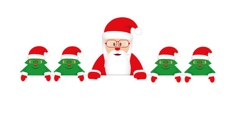 cute happy santa claus with little christmas trees with glasses vector illustration EPS10