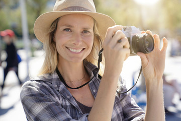 Portrait of beautiful blond woman reporter