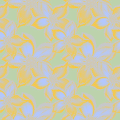 Fototapeta na wymiar Seamless pattern flowers orange with blue with gray edging on a green background.