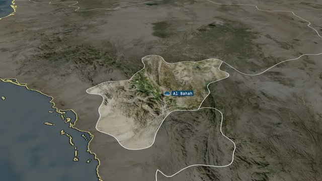 Al Bahah - region of Saudi Arabia with its capital zoomed on the satellite map of the globe. Animation 3D
