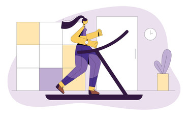 Colored vector flat style illustration of a girl running on a treadmill. The girl goes in for sports. Girl in the gym doing cardio workout. Concept design for web site, flyer, banner.