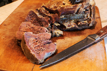 Beef tongue slices isolated on white background, meat dish, tasty meet, meat food