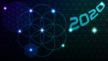 Happy New Year 2020 and Glowing Flower of Life. Vector illustration.