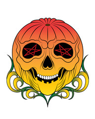 Art Surreal Pumpkin mix Skull Halloween Day. Hand drawing and make graphic vector.