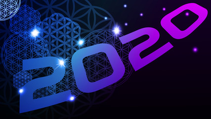 Happy New Year 2020 and Glowing Flower of Life. Vector illustration.