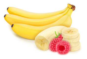 Composite image with raspberry and banana isolated on a white background. Healthy eating concept.