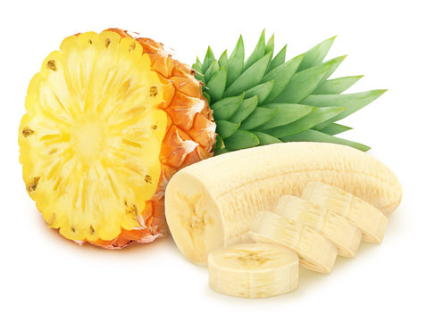 Composite image with cutted fruits: banana and pineapple isolated on a white background.