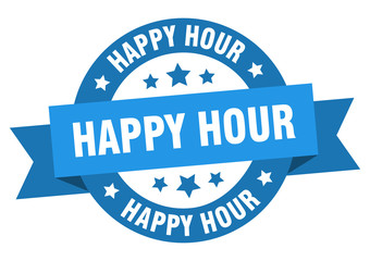 happy hour ribbon. happy hour round blue sign. happy hour