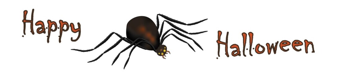 Happy Halloween Banner mit Text und erschreckender Spinne auf weißem Hintergrund