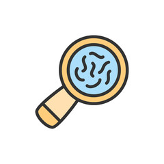 Vector bacteria under magnifying glass flat color line icon.