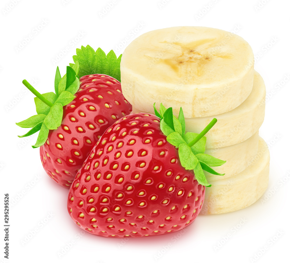 Wall mural composite image with heap of banana slices with the strawberries isolated on a white background.
