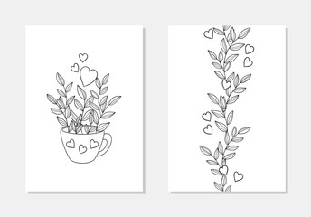 vector heart grass grenery in cup outline coloring book