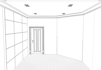empty room, contour visualization, 3D illustration, sketch, outline