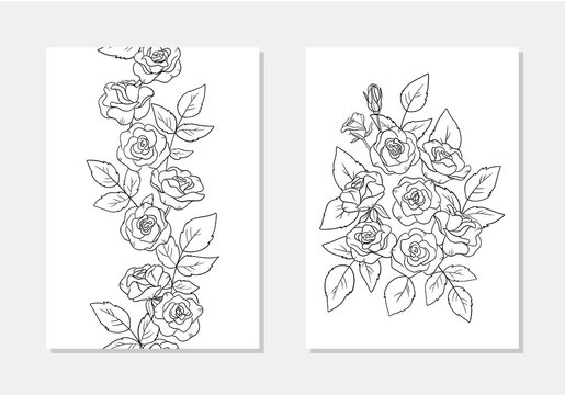 vector rose  flower leaf bouquet vertical seamless border pattern floral coloring page line art outline