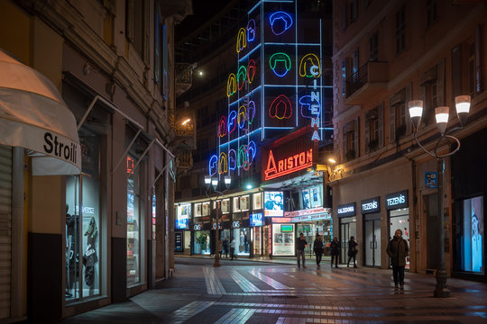 Facade view by night of Ariston Theatre in Sanremo, Italy, March 19, 2019