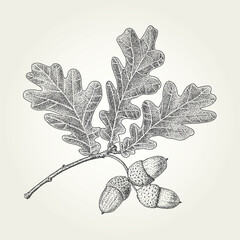 Oak leaves and acorns drawing. Vintage vector engraved illustration