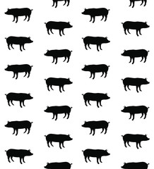 Vector seamless pattern of black pig silhouette isolated on white background