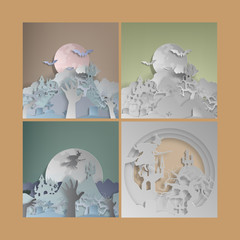 Set vector paper cut Background Bat Castle,bat, ghost castle, for halloween.