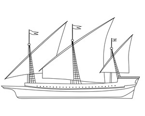 coloring page outline of a ship with triangular sails vector illustration