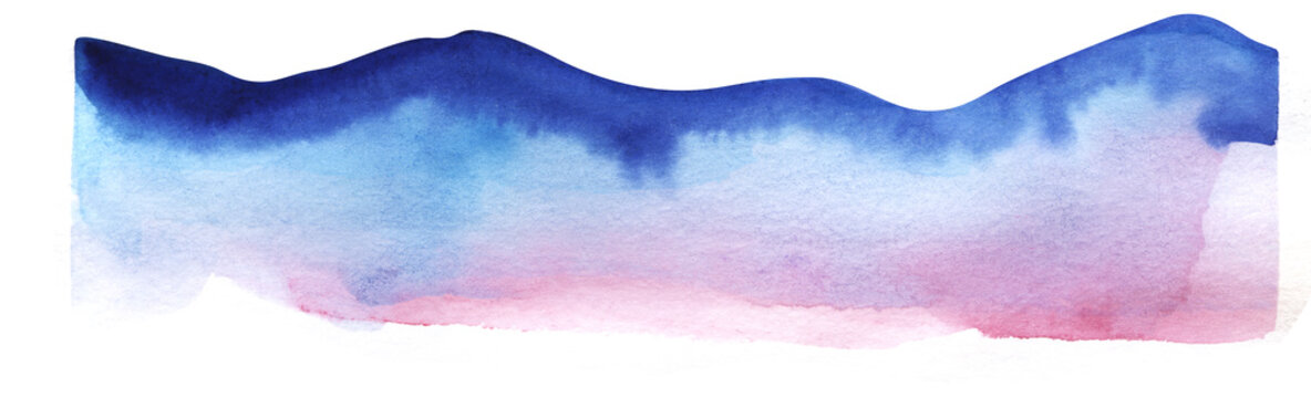 Watercolor Mountains. Silhouette Of Mountain Range. Decorative Element For Page Design. Blue Mountains With Smooth Peaks. Gradient Dark Blue To Pale Pink. Mountain Border. Hand-drawn On Texture Paper